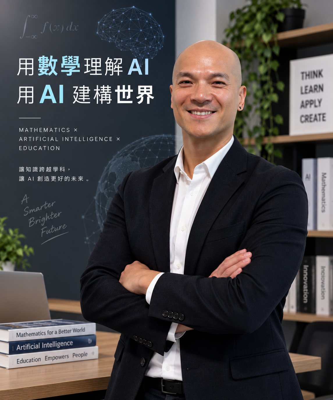 Hsuan-Ming Tseng, 2026 portrait: suit, arms crossed, bookshelf behind with the line 'understand AI through mathematics, build the world with AI'